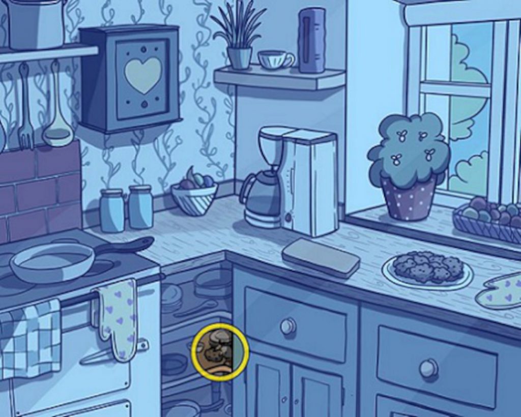 Az egér a konyhaszekrényben rejtőzik a konyhában az optikai illúzión