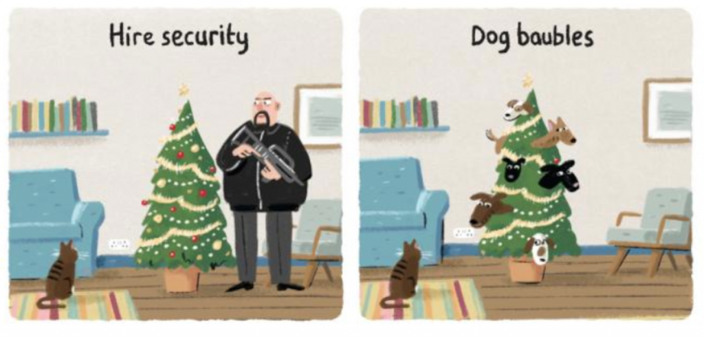 A biztonsági őr a karácsonyfa mellé és a kutya alakú díszek kreatívabbak és talán sikeresebbek a macska távol tartására