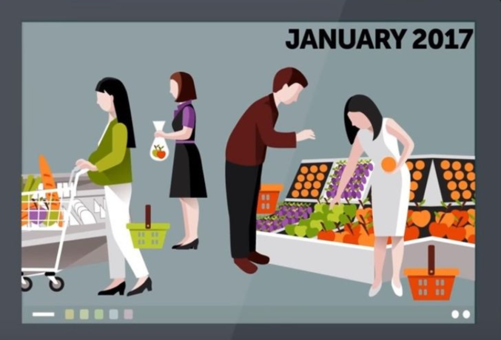 A januárban készült képen láthatjuk, hogy a férfi és női vásárlók válogatnak a gyümölcsös pultnál, narancsot akarnak venni.
