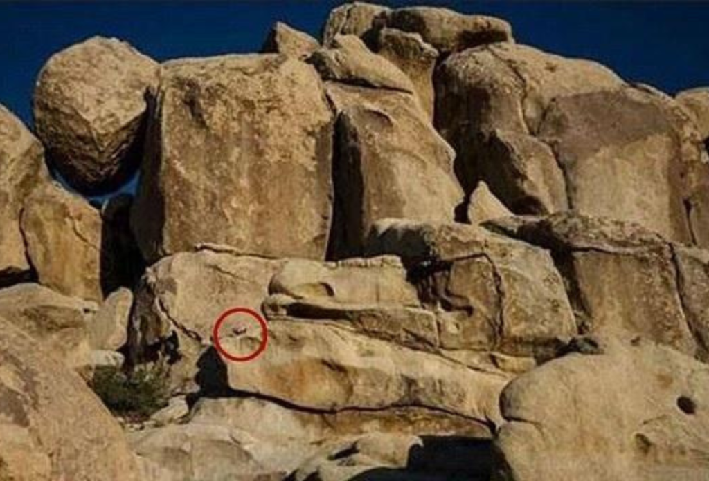 A piros körrel jelölt helyen integet a lila ruhás lány a sziklákon