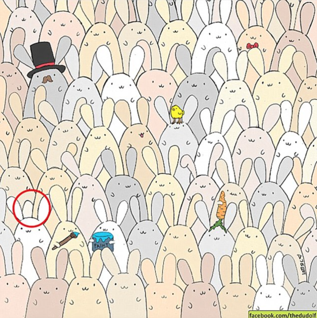 A piros körrel jelölt részen, egy nyuszi füle mellett rejtőzik a tojás Dudás Gergely húsvéti fejtörőjén