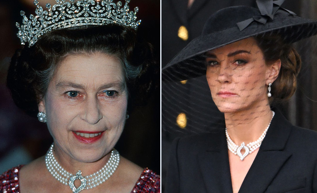 A gyémánt choker nyaklánc II. Erzsébet királynőn és Katalin hercegnén