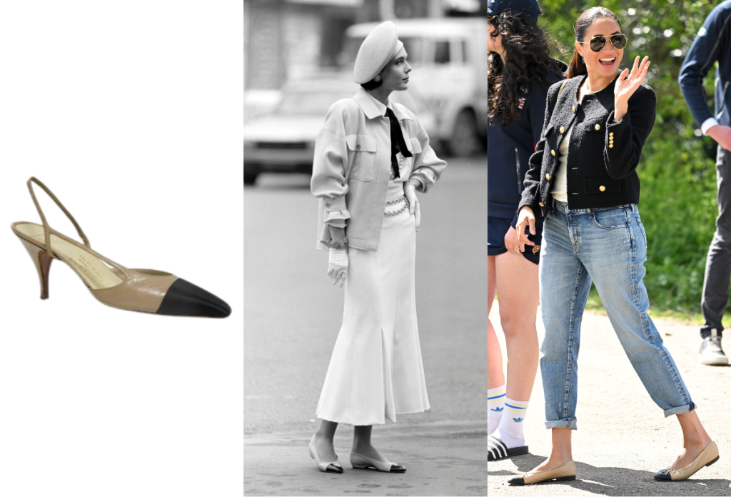 Coco Chanel kétszínű szandálcipője, Karl Lagerfeld ikonikus kétszínű baletcipője 1985-ben egy modellen és Meghan Markle a Chanel ikonikus cipőjében