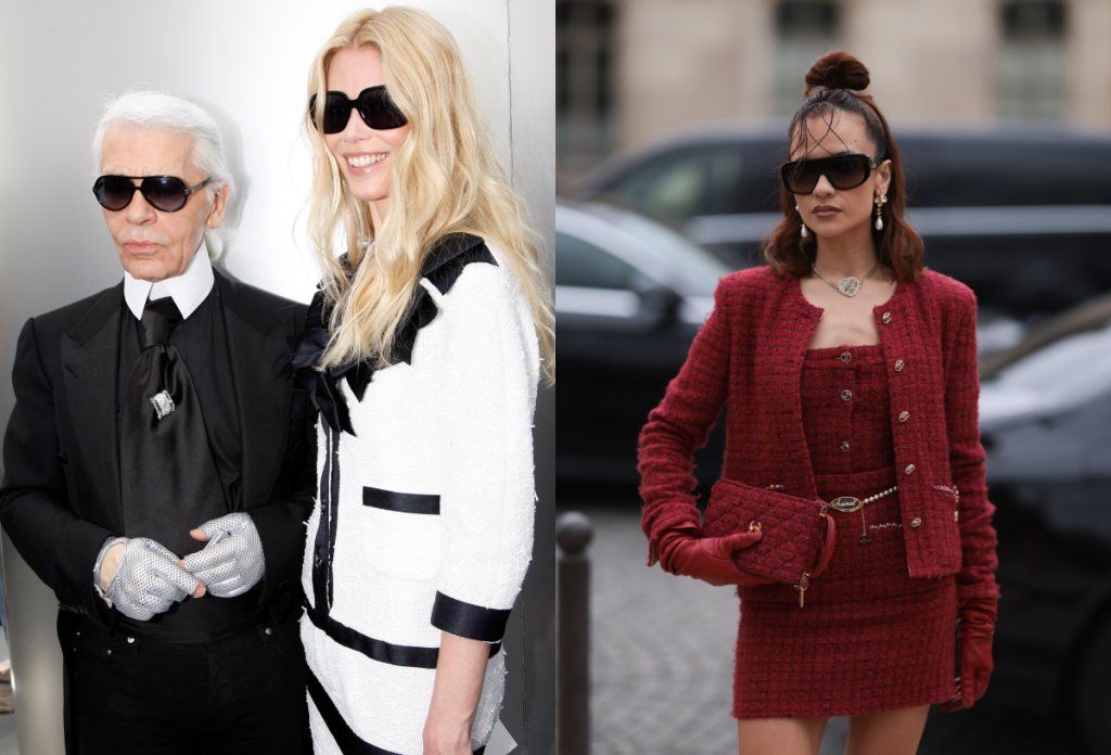 Karl Lagerfeld és Claudia Schiffer, aki az ikonikus miniszoknyás Chanel kosztümöt viseli, jobbra a kosztüm egy mai változata