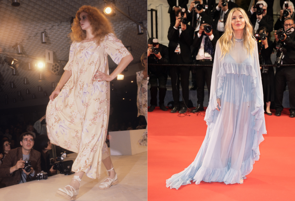 A Karl Lagerfeld által vezetett Chloé 1978-as bemutatóján egy bohém ruha, illetve Sienna Miller egy Chloé ruhában a 2024-es cannes-i filmfesztiválon