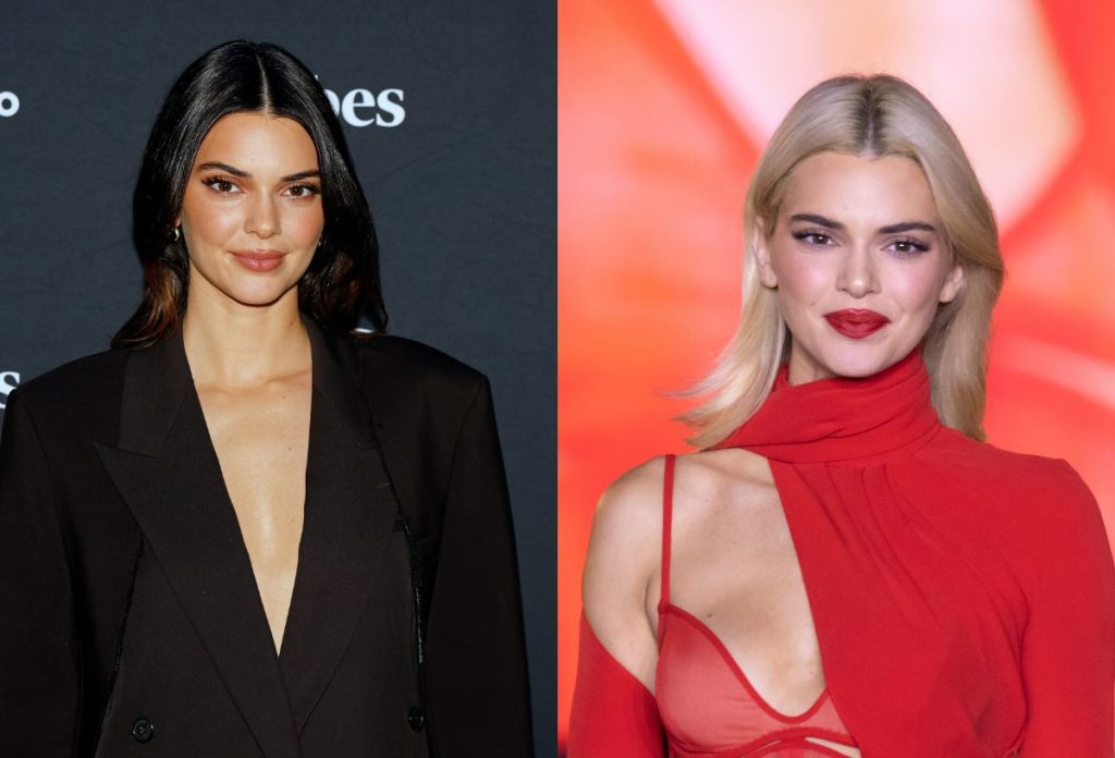 Kendall Jenner sötét hajjal, majd a luxusszőke hajfestéssel a Bottega Veneta bemutatóján