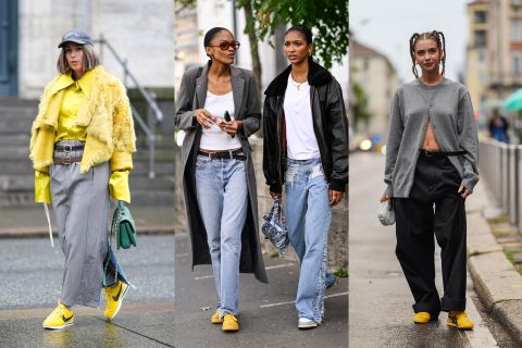 Modellek vonulnak Párizs utcáin sárga sneakerben