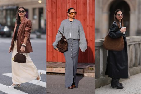 Modellek barna velúrtáskával pózolnak az utcán