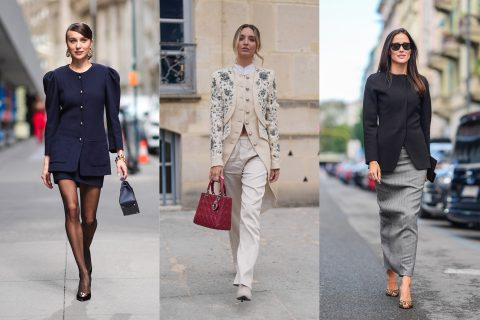 Modellek karcsúsított blézerben vonulnak az utcán