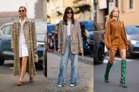 Modellek kígyóbőr mintás szettben vonulnak az utcán