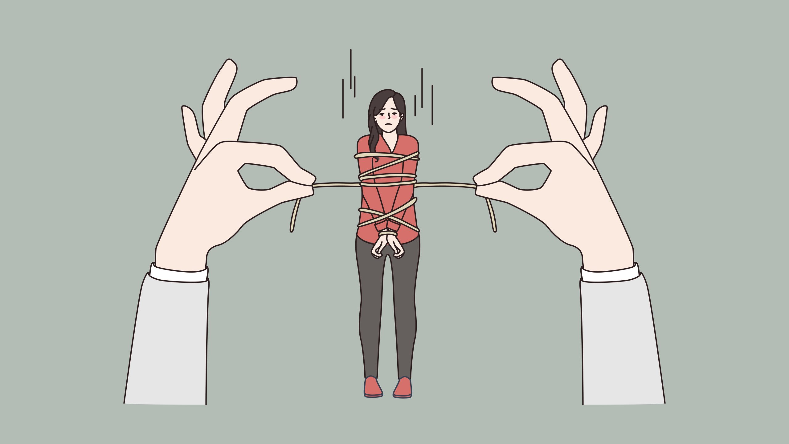 Igy-jelez-a-tested-ha-rossz-parkapcsolatban-elsz | Marie Claire Stresszes nő kötéllel megkötözve hatalmas kezekkel.