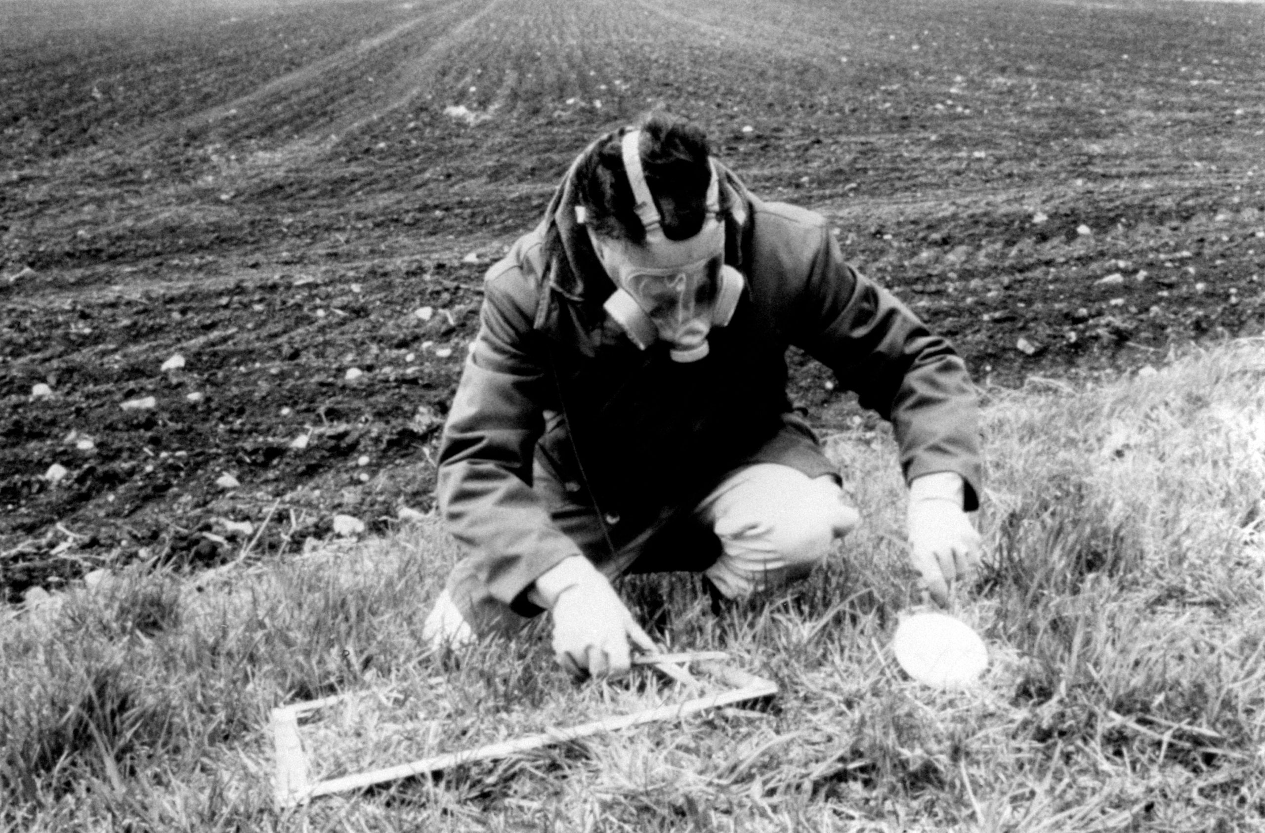 Egy gázálarcot viselő férfi mintát vesz a talajból a radioaktivitás méréséhez