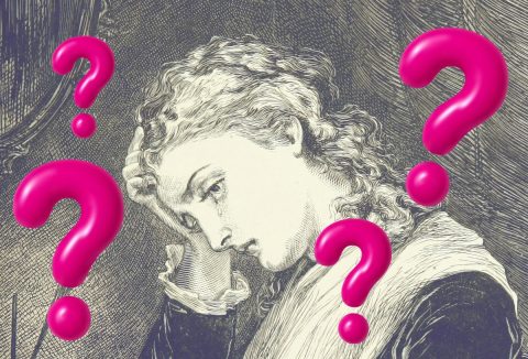 Fekete-fehér régi festményen gondolkodó lány profilból, rózsaszín kérdőjelek