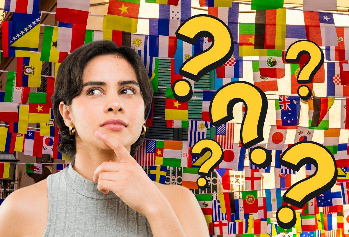 Barna hajú nő gondolkodik, zászlók a háttérben, sárga kérdőjelek