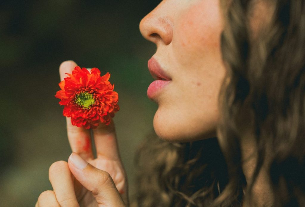 Szép nő arcéle profilból, pirosra rúzsozott szájjal, két ujja között piros virágot tart
