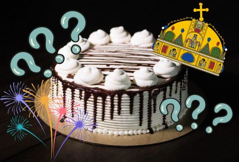 csokoládéfolyásos, tejszínhabos torta augusztus 20-adikai szimbólumokkal, tűzijátékkal és Szent István koronájával, zöld kérdőjelek