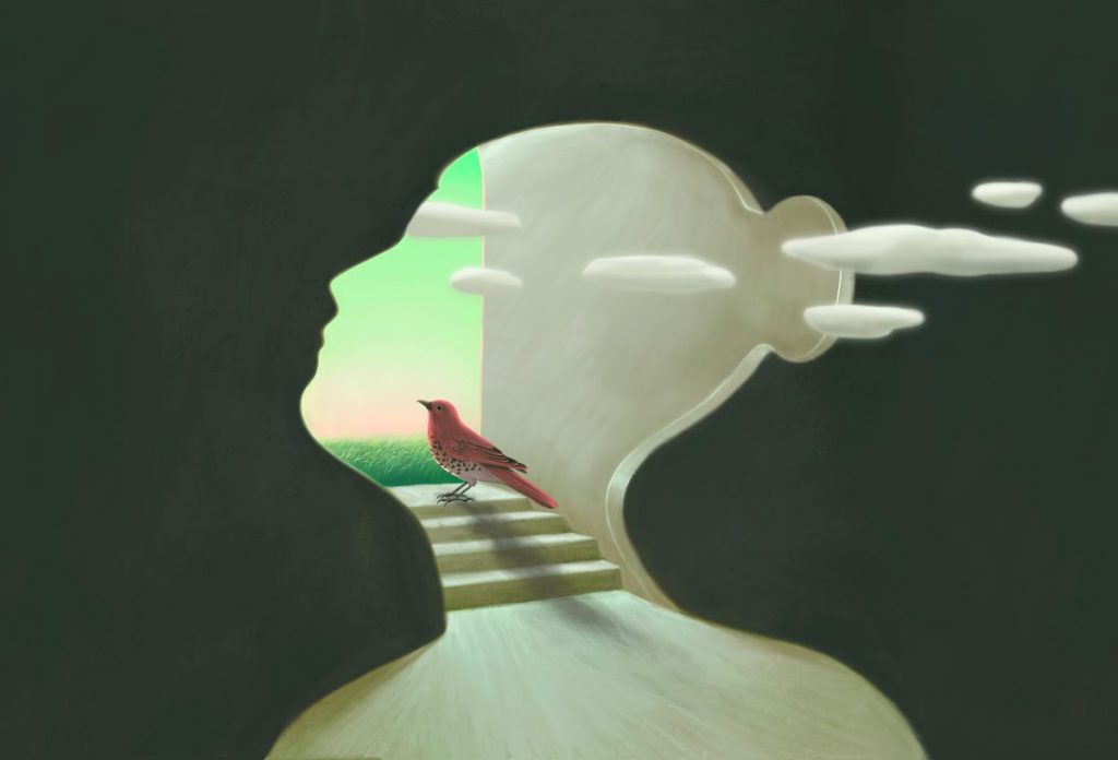intuicio-belso-hang-illusztracio | Marie Claire Női arc sziluettje zöld háttérben, belsejében felhők, lépcsőn felmenő piros madár, illusztráció