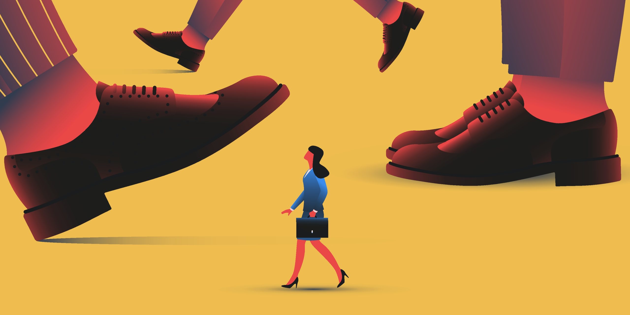 Apró nő óriási férfiak között. Empowerment, üvegplafon és egyenlőtlenség koncepció.