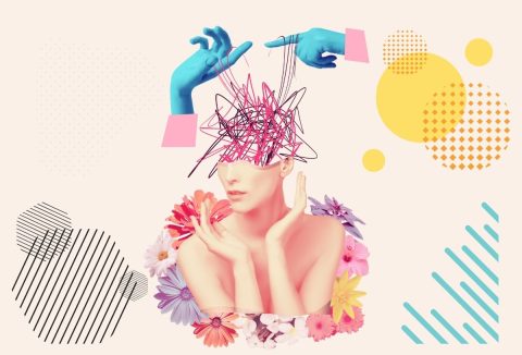 Modern művészi illusztráció, női alak, demenciát szimbolizáló kusza vonalak az agynál, felette két kék gumikesztyűs kéz, körülötte színes virágok, vidám, reményteli árnyalatok