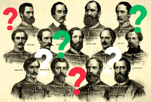 A 13 aradi vértanú portréja, piros-fehér-zöld kérdőjelek