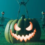 Kísérteties sötétben világító halloween tök világító szemű minicsontvázakkal