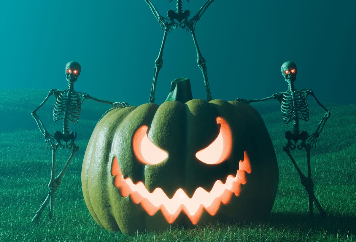 Kísérteties sötétben világító halloween tök világító szemű minicsontvázakkal