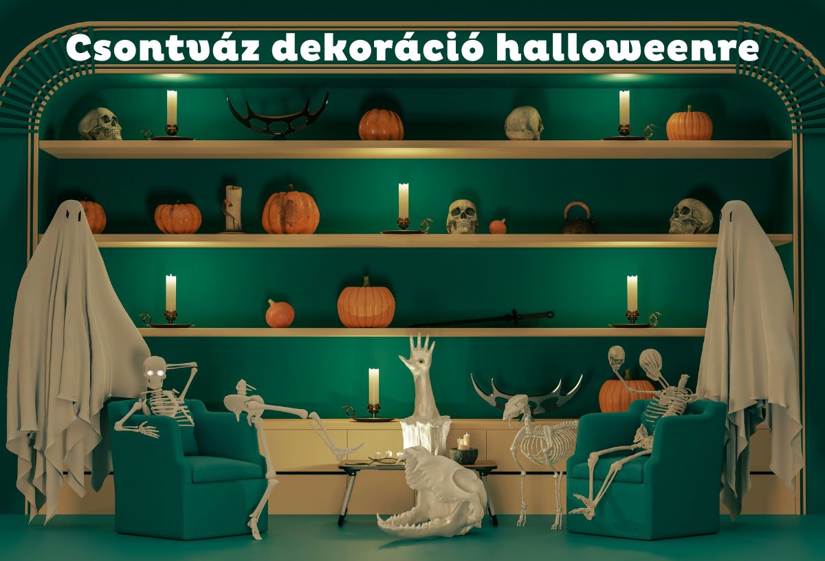 Zöld szoba halloween dekorációval: polcon halloween tökök, koponyák, gyertyák, két fotelben csontvázak, mögöttük kísértetek