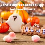Halloween kekszek kés sütemények szellem és denevér alakú, kürülöttük sütőtök és cukorka dekoráció