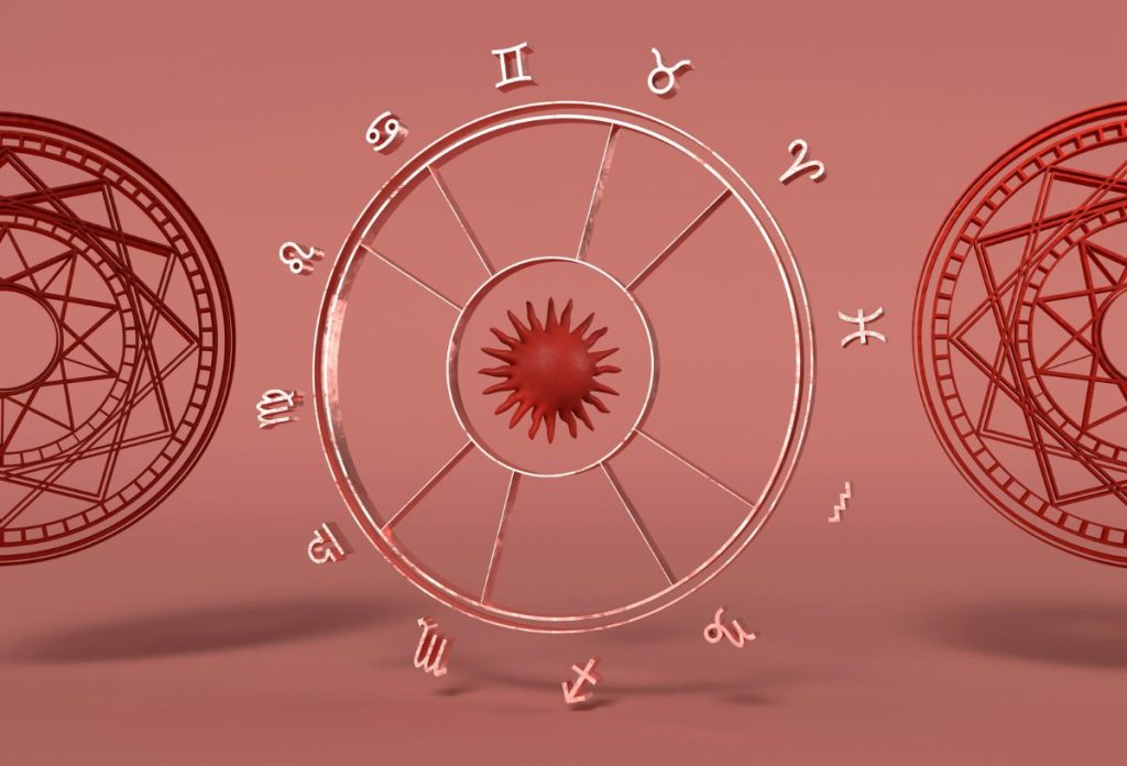 Rózsaszín számítógépes grafika a csillagjegyekkel és bolygóállásokkal