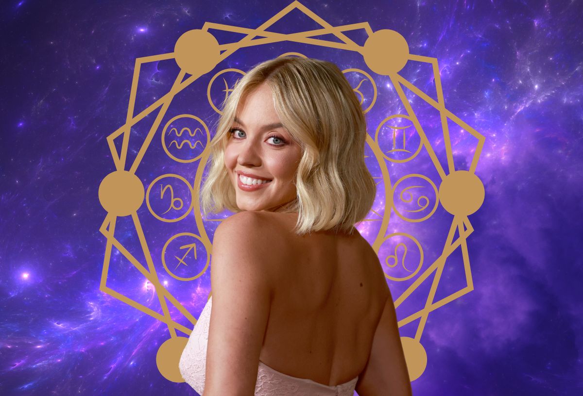 Sydney Sweeney lila égbolt és asztrológiai kör előtt