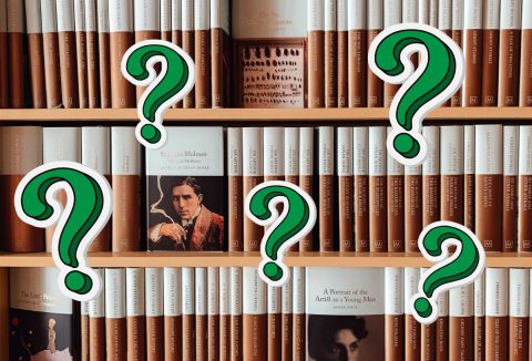 Nobel díjas regények gerince három sorban polcon, egyforma barnás árnyalatban, zöld kérdőjelek