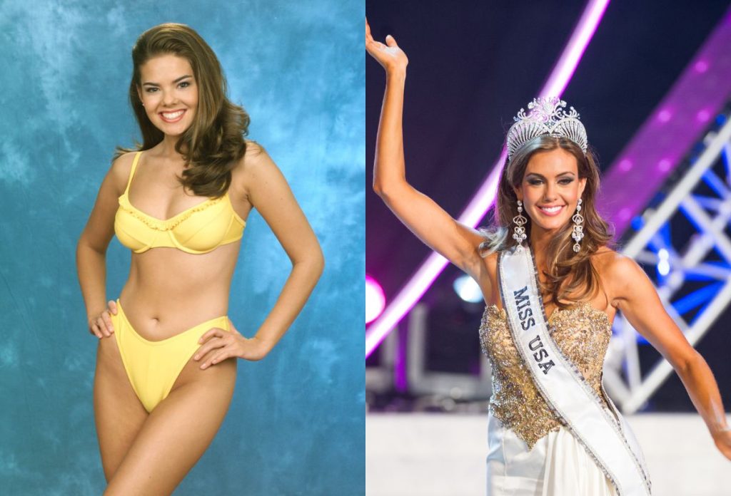 A Miss USA 1999-es győztese, Kimberly Pressler sárga bikiniben, és a 2013-as győztes, Erin Brady koronában pózol