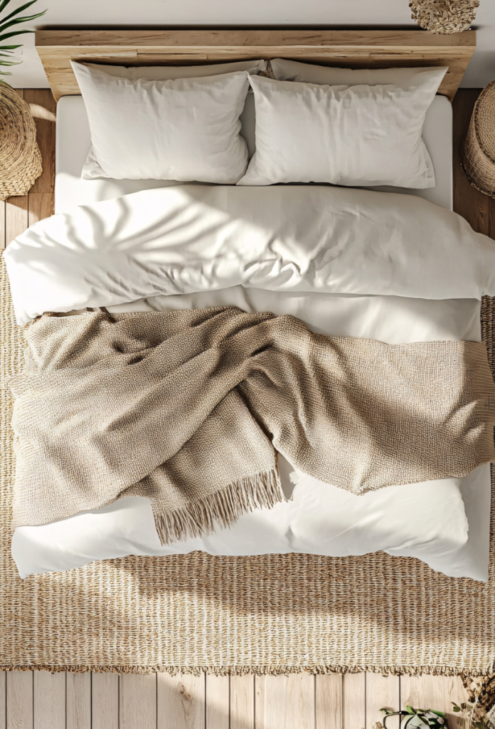 Neutrális színekkel berendezett hálószobában az ágy felülnézetben