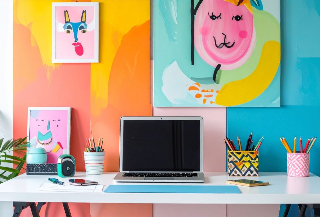 Színes otthoni munkaállomás, élénk nonfiguratív festményekkel az íróasztal felett
