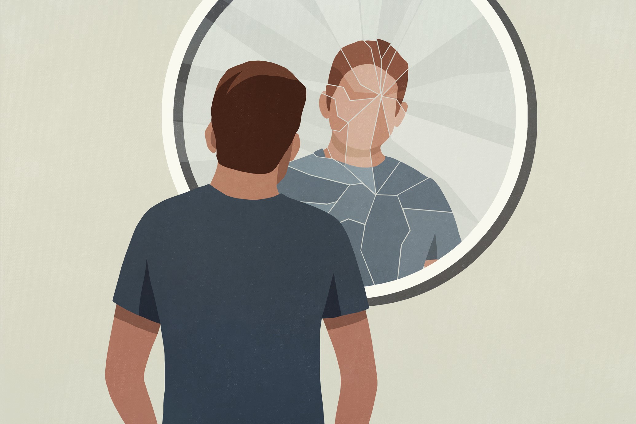 Fiatal férfi repedt tükörbe néz