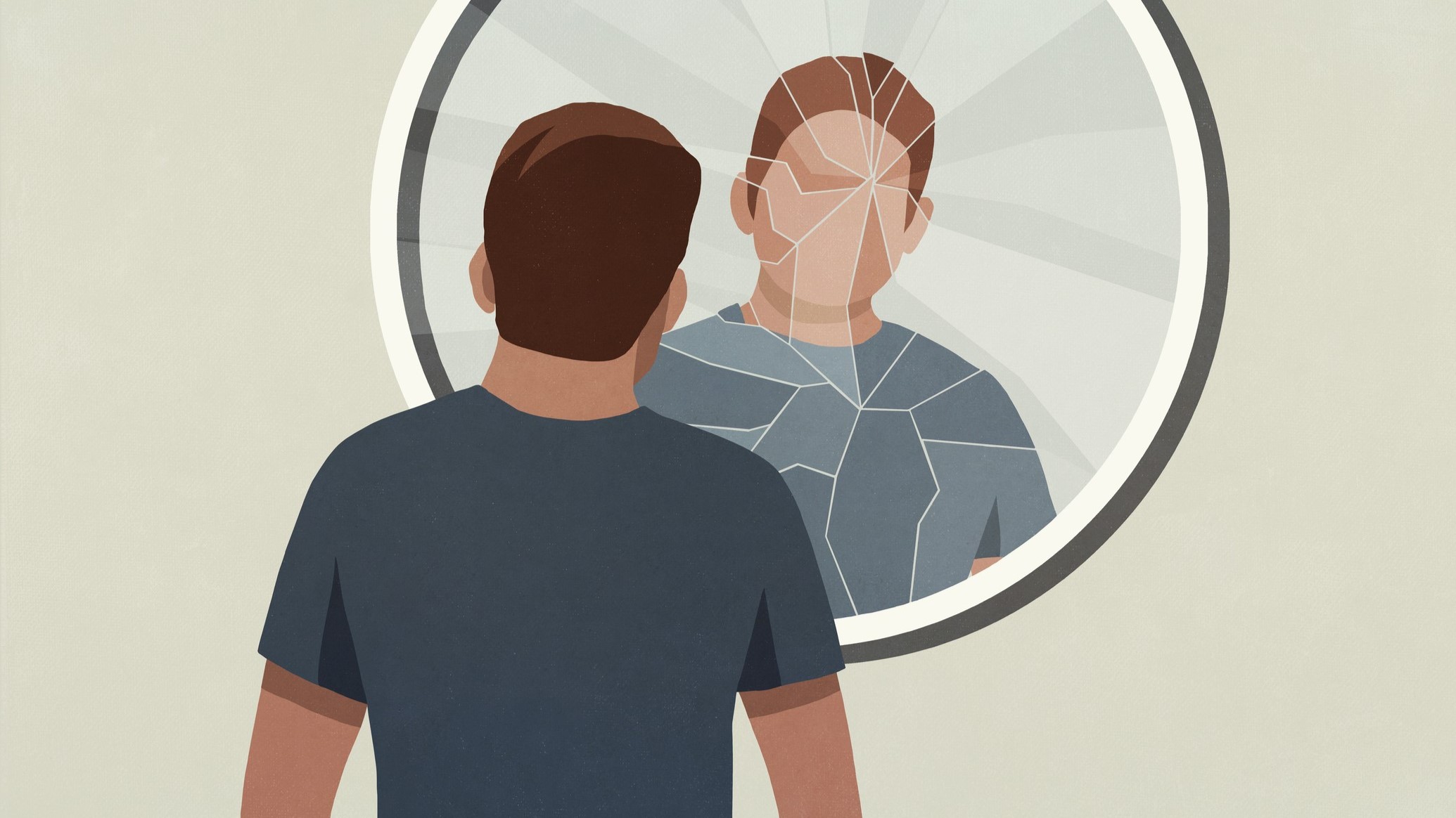 Fiatal férfi repedt tükörbe néz