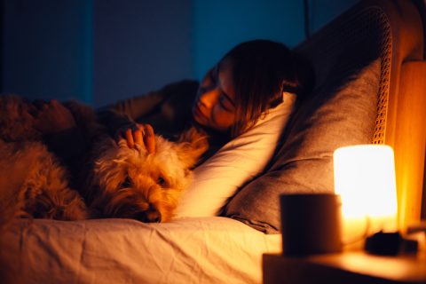 Ágyban fekvő nő éjjeli fény mellett kutyájával pihen
