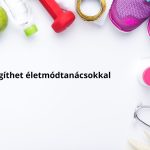 Fehér háttér szélén keretben zöldalma, piros súlyzó, ásványvizes palack, lila edzőcipő, sztetoszkóp