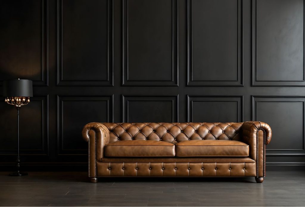 Sötétbarna Chesterfield-kanapé fekete lambériás szobában