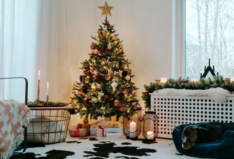 Feldíszített karácsonyfa ünnepi fényben úszó szoba közepén