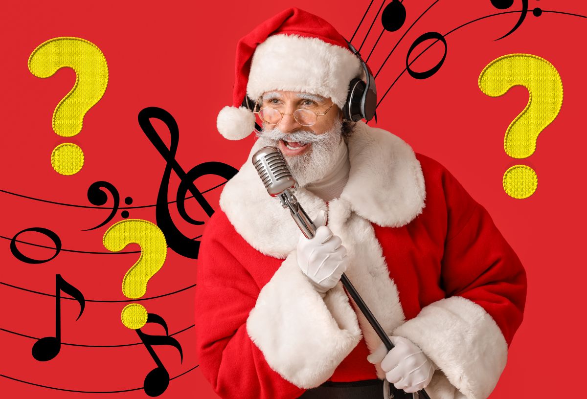 Mikulás mikrofonba énekel, háttérben hangjegyek és sárga kérdőjelek piros háttérrel