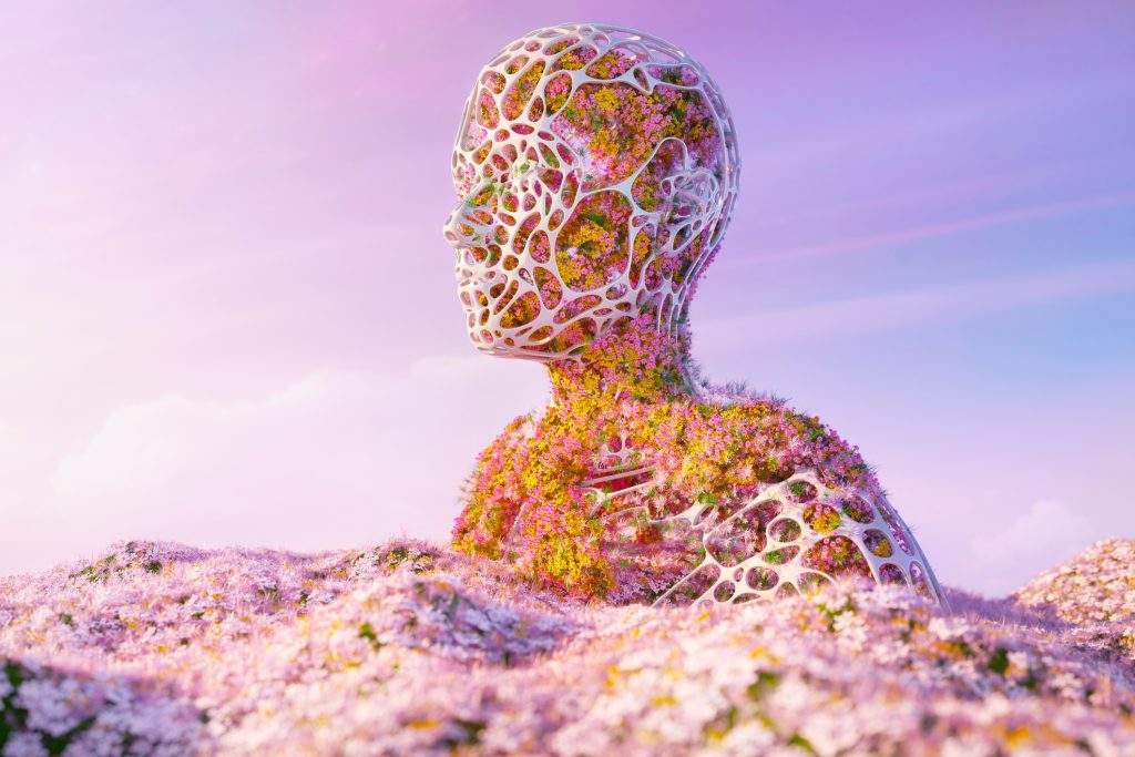 Digitálisan generált kép egy absztrakt fejről, tele virágokkal