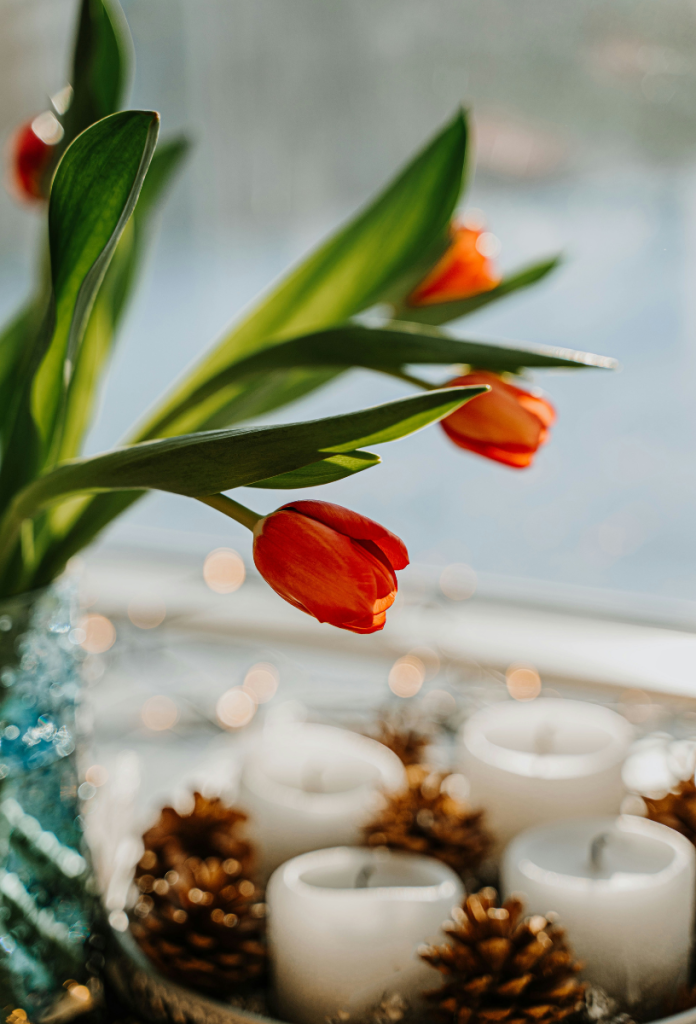 Pirosas tulipánok üvegvázában, háttérben adventi koszorú tobozzal és fehér gyertyákkal