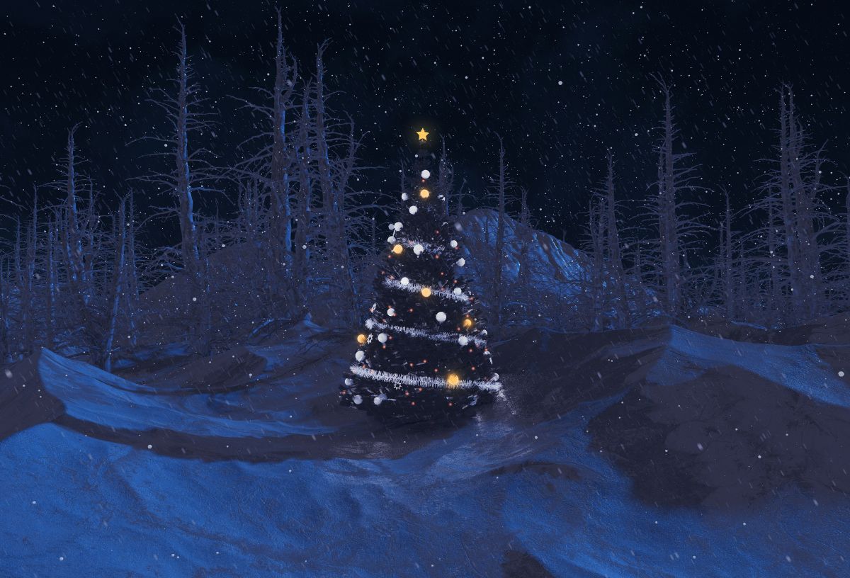 Kék éjszakai havas erdei tájban fényekkel feldíszített fenyő illusztráció