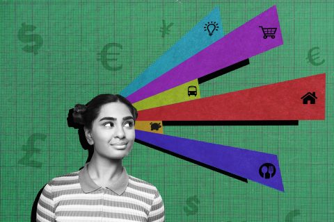 Pénzügyi szimbólumok kollázsa egy fiatal nő portréjával