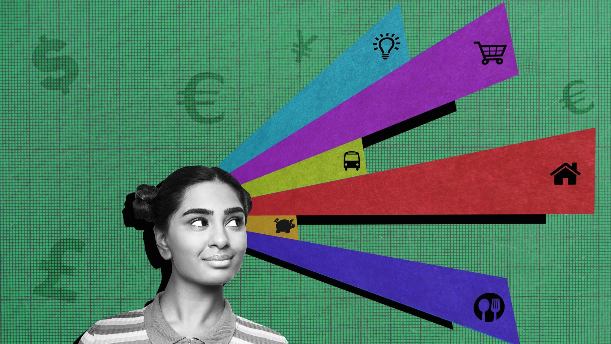 Pénzügyi szimbólumok kollázsa egy fiatal nő portréjával