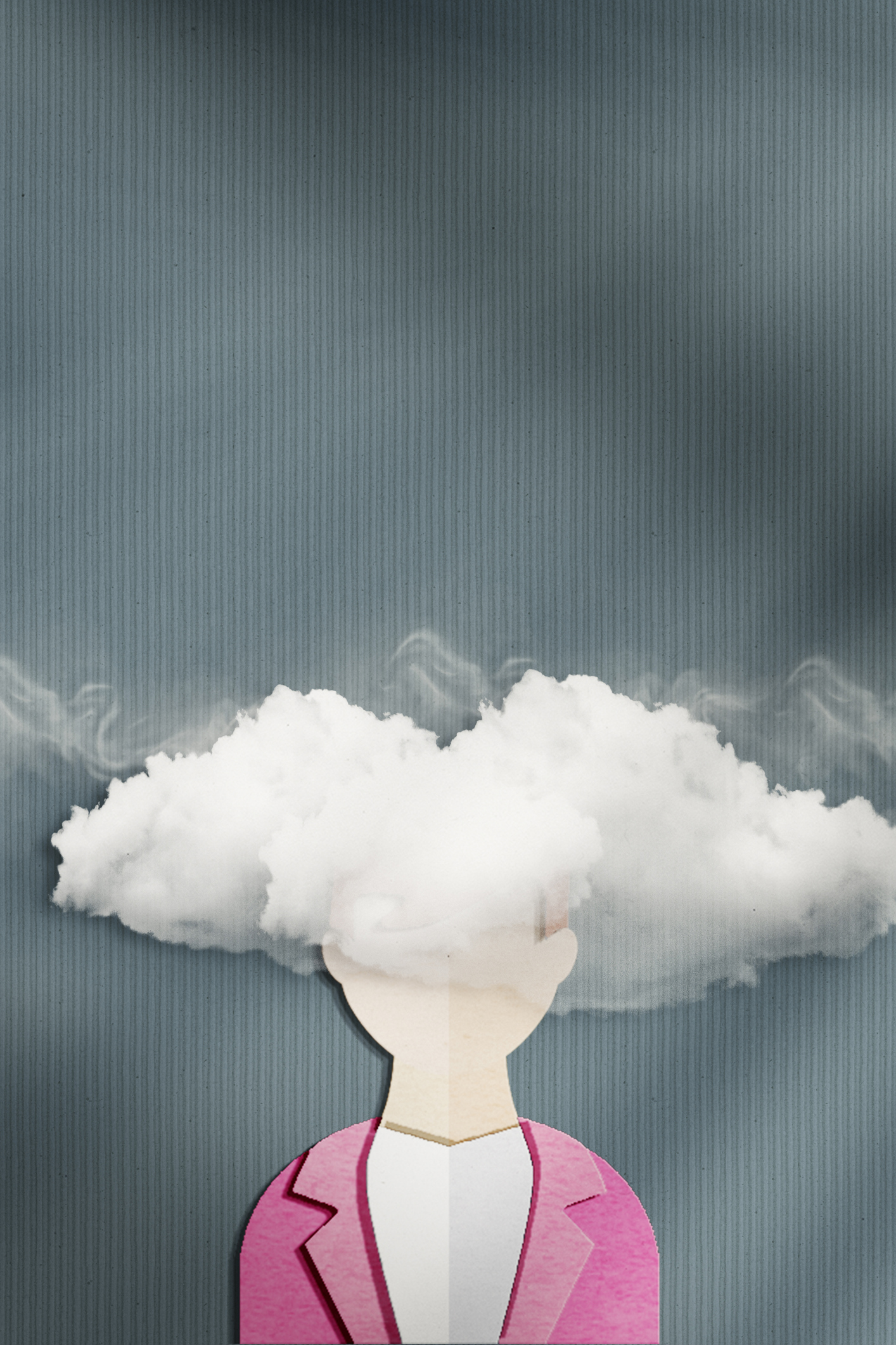 Egy kartonból kivágott rózsaszínruhás nő fejet köd lepi be