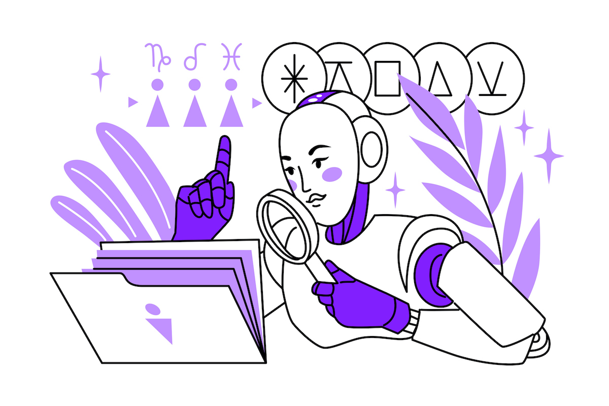 A mesterséges intelligencia egy robot formájában választ partnert a csillagjegyek alapján való kompatibilitás szerint. Párkeresés családalapításhoz. Vektoros illusztráció.