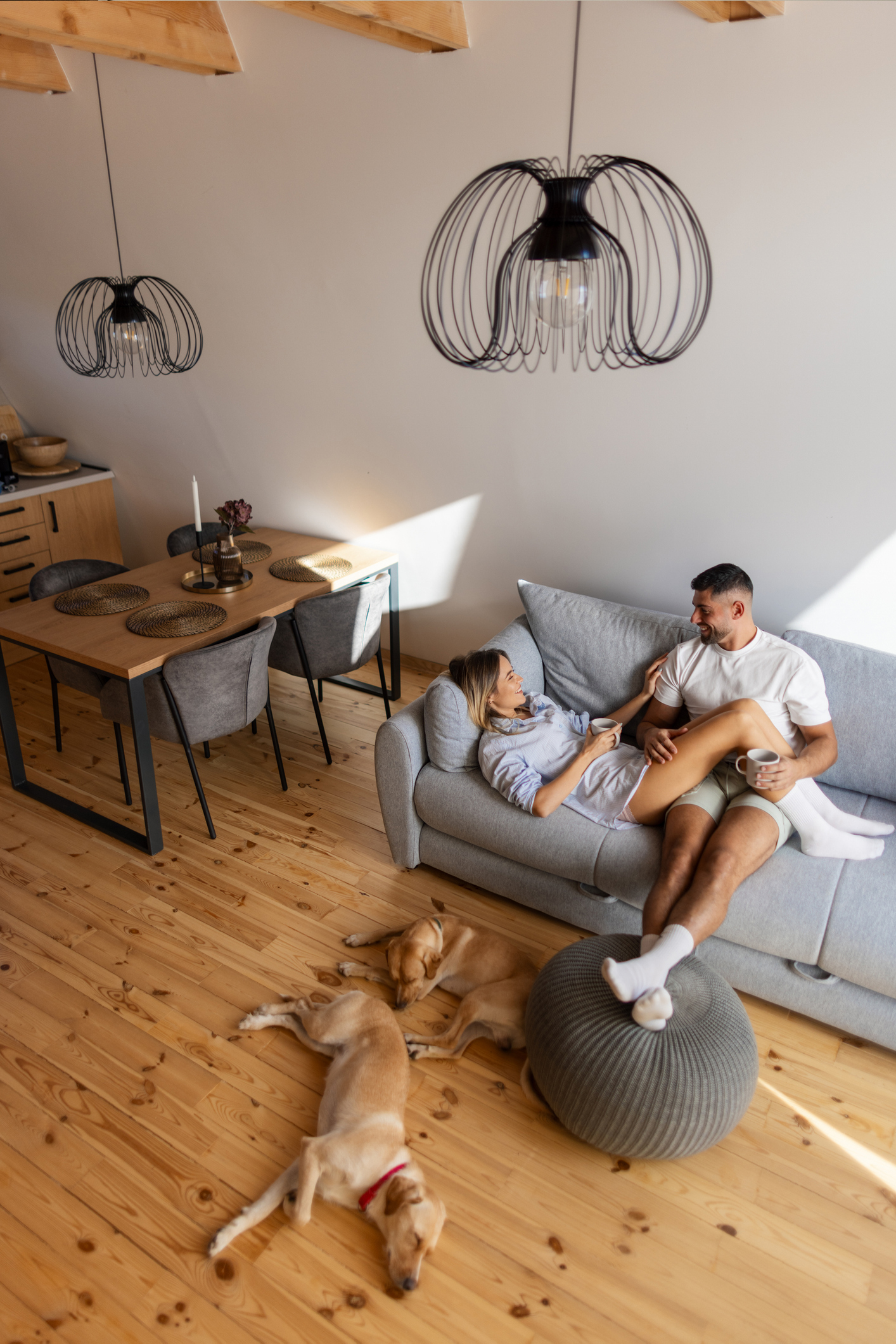 Egy pár pihentető időt tölt a nappaliban két kutyájukkal. Reggel van, a kanapén fekszenek, kávét isznak, ellazultnak és boldognak tűnnek. A kutyák a kanapé mellett a padlón fekszenek.