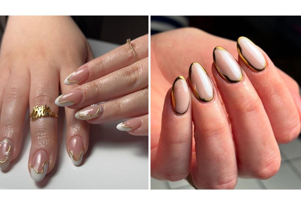 Női kezek, amiket arany színű keretes körmök díszítenek